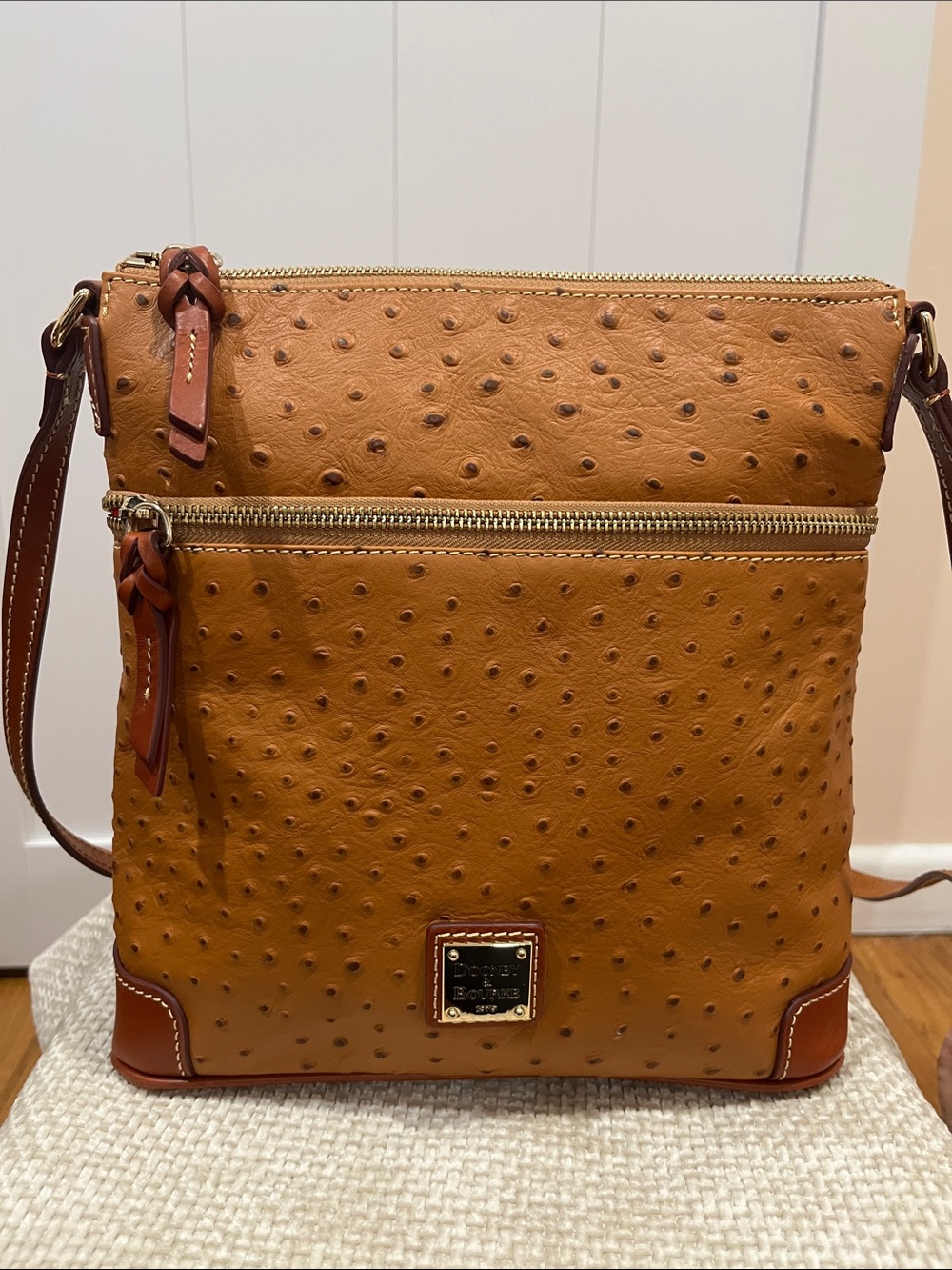 Dooney & Bourke Caramel Ostrich-Texture Crossbody with Gold Hardware
